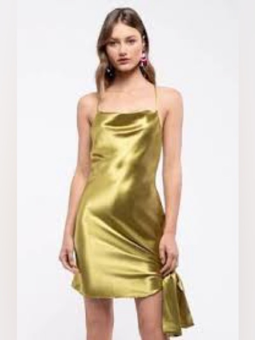 Anthropologie Moon River Olive Chartreuse Satin Cowl Neck Mini Dress NWT M - Picture 2 of 15